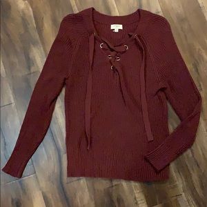 Burgundy Ribbed Knit Tie Sweater